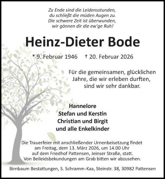 Traueranzeige von Heinz-Dieter Bode von Hannoversche Allgemeine Zeitung/Neue Presse