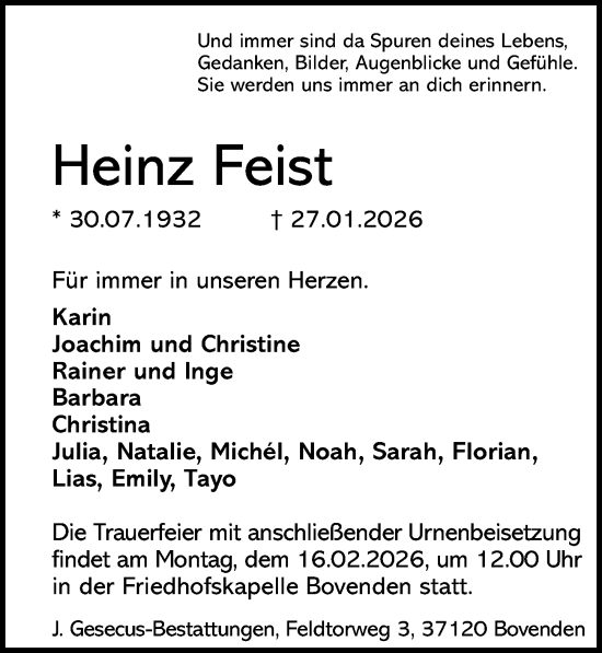 Traueranzeige von Heinz Feist von Göttinger Tageblatt