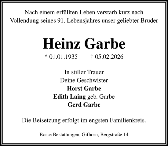Traueranzeige von Heinz Garbe von Aller Zeitung