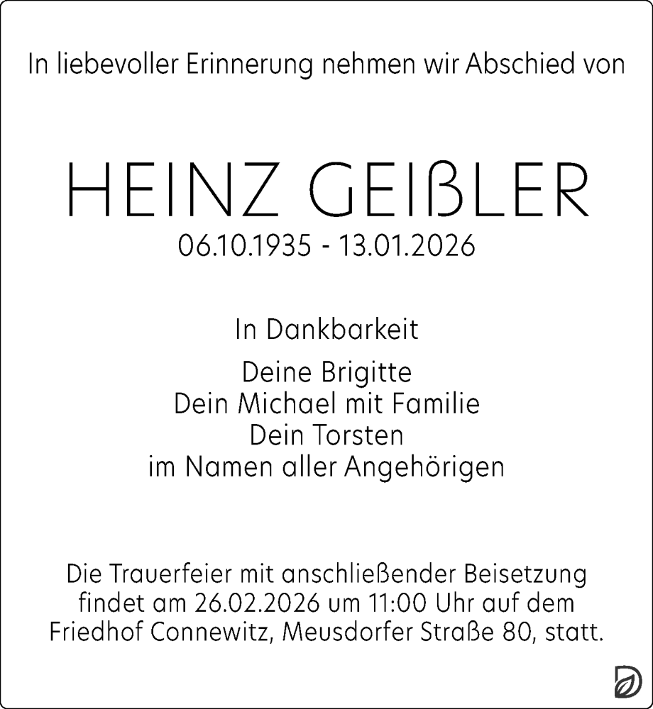  Traueranzeige für Heinz Geißler vom 07.02.2026 aus Leipziger Volkszeitung