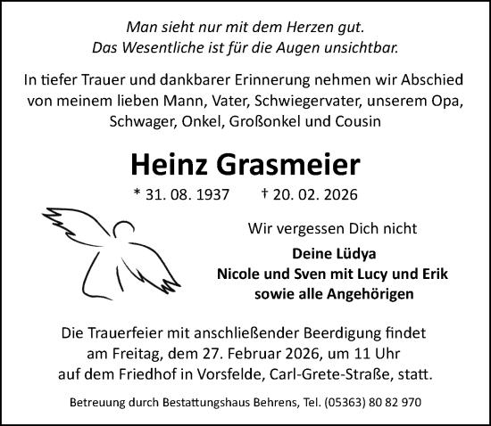 Traueranzeige von Heinz Grasmeier von Aller Zeitung