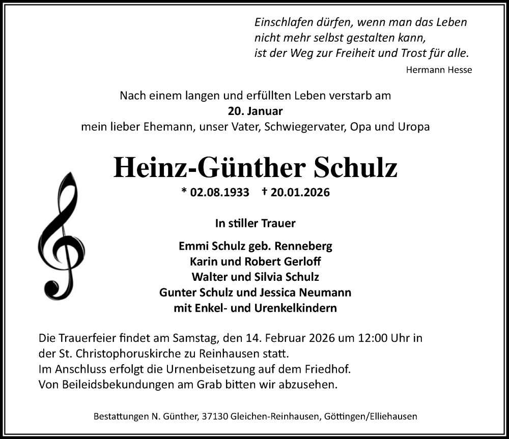  Traueranzeige für Heinz-Günther Schulz vom 07.02.2026 aus Göttinger Tageblatt