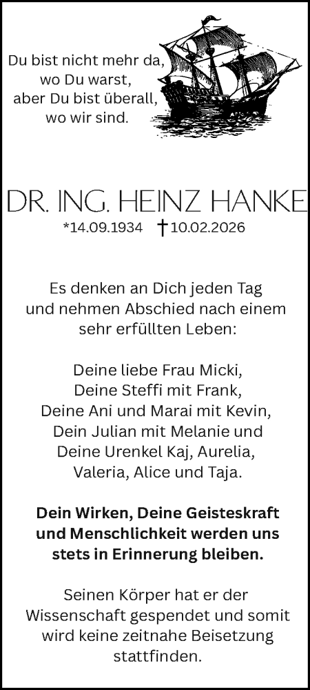 Traueranzeige von Heinz Hanke von Ostsee-Zeitung GmbH