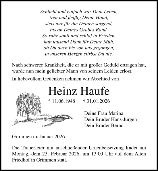 Traueranzeige von Heinz Haufe von Ostsee-Zeitung GmbH