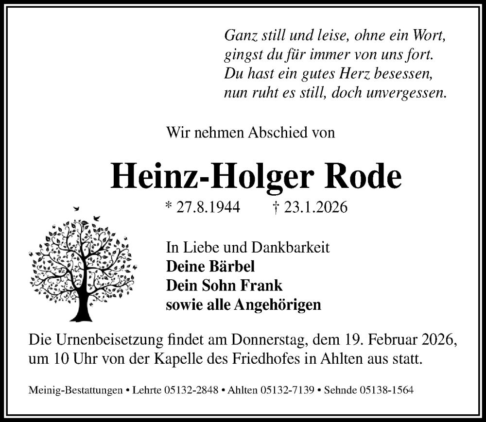  Traueranzeige für Heinz-Holger Rode vom 14.02.2026 aus Hannoversche Allgemeine Zeitung/Neue Presse