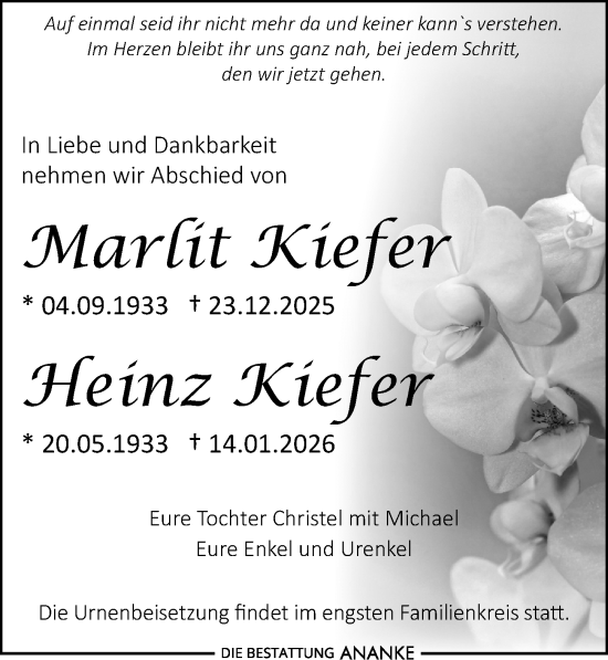 Traueranzeige von Heinz Kiefer von Leipziger Volkszeitung