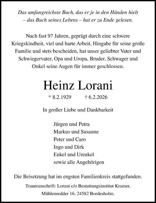 Traueranzeige von Heinz Lorani von Kieler Nachrichten