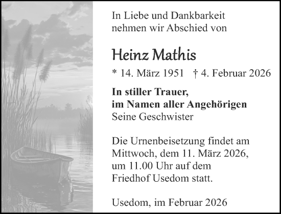 Traueranzeige von Heinz Mathis von Ostsee-Zeitung GmbH