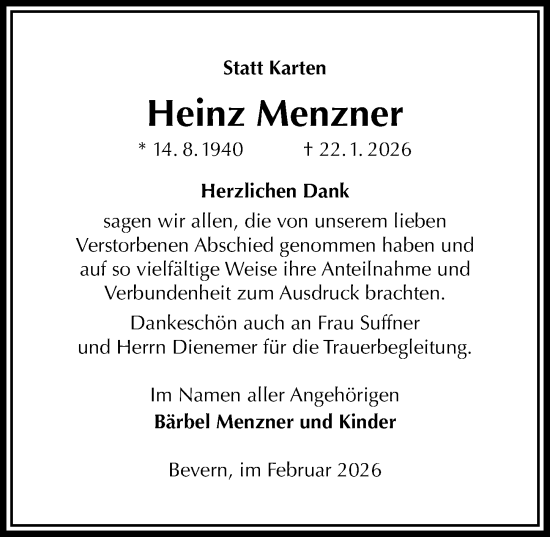 Traueranzeige von Heinz Menzner von Täglicher Anzeiger Holzminden