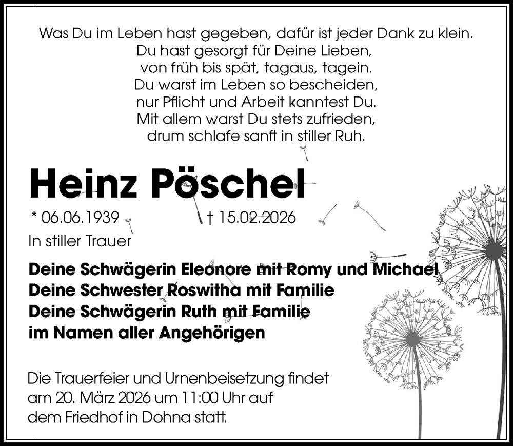  Traueranzeige für Heinz Pöschel vom 28.02.2026 aus Sächsische Zeitung