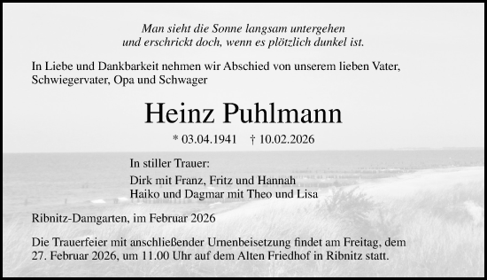 Traueranzeige von Heinz Puhlmann von Ostsee-Zeitung GmbH