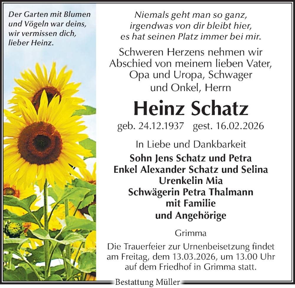  Traueranzeige für Heinz Schatz vom 21.02.2026 aus Leipziger Volkszeitung