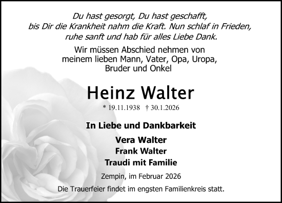 Traueranzeige von Heinz Walter von Ostsee-Zeitung GmbH
