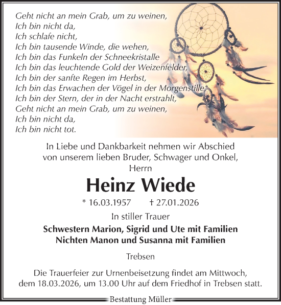 Traueranzeige von Heinz Wiede von Leipziger Volkszeitung
