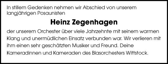 Traueranzeige von Heinz Zegenhagen von Märkischen Allgemeine Zeitung