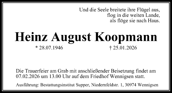 Traueranzeige von Heinz August Koopmann von Hannoversche Allgemeine Zeitung/Neue Presse