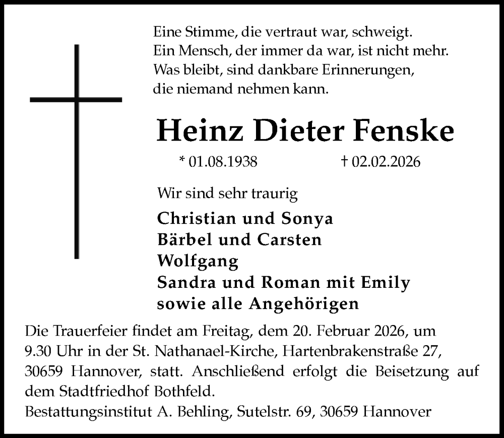  Traueranzeige für Heinz Dieter Fenske vom 07.02.2026 aus Hannoversche Allgemeine Zeitung/Neue Presse