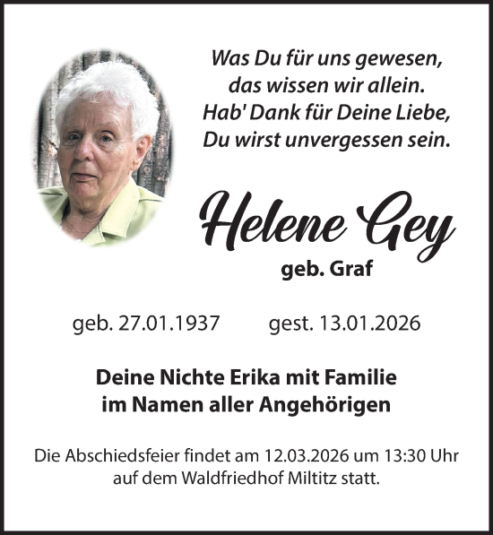 Traueranzeige von Helene Gey von Leipziger Volkszeitung