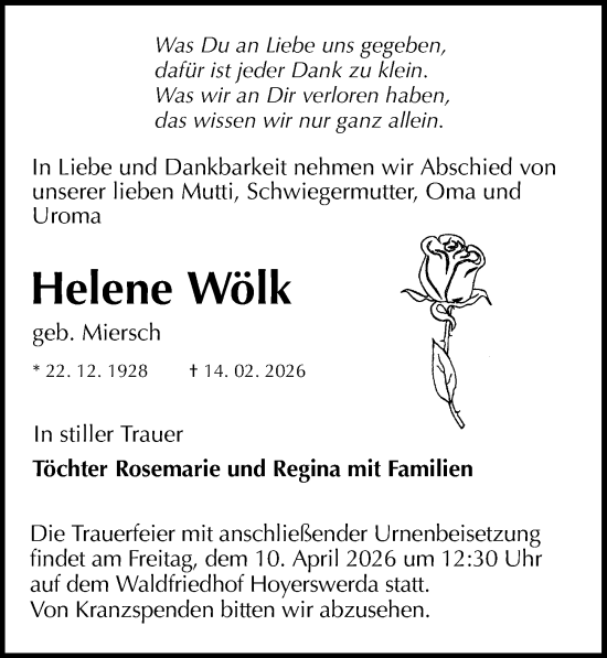 Traueranzeige von Helene Wölk von Sächsische Zeitung