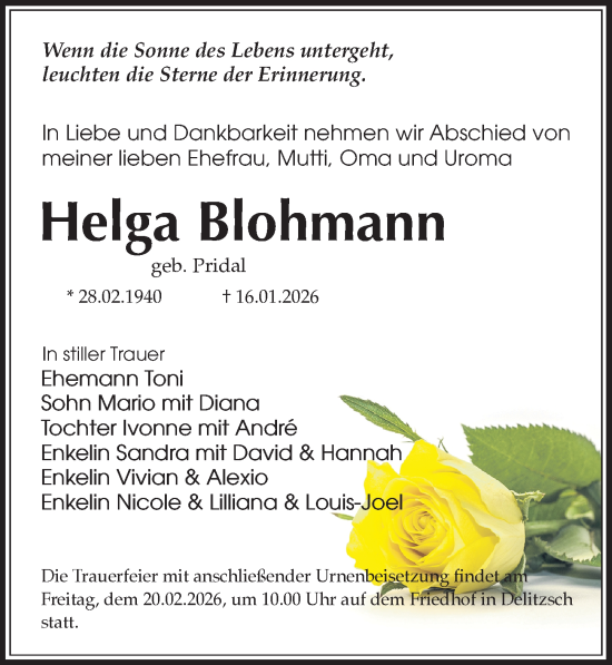 Traueranzeige von Helga Blohmann von Leipziger Volkszeitung