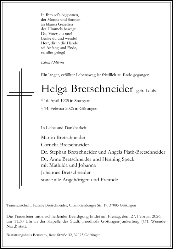 Traueranzeige von Helga Bretschneider von Göttinger Tageblatt