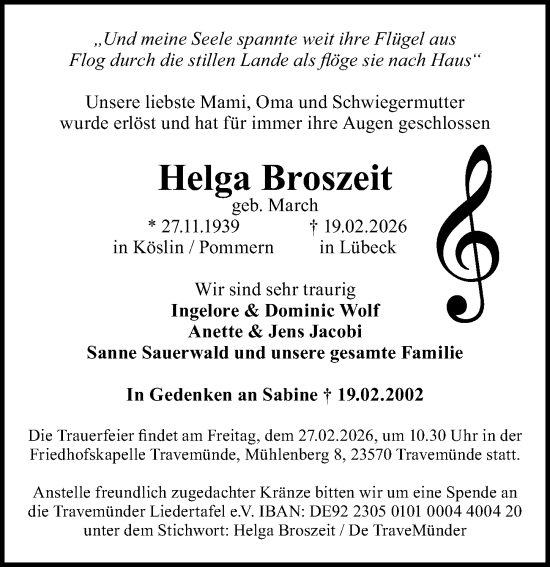 Traueranzeige von Helga Broszeit von Lübecker Nachrichten