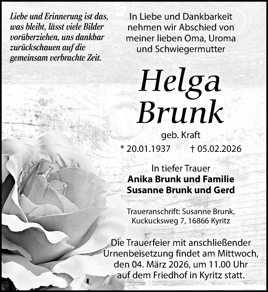  Traueranzeige für Helga Brunk vom 21.02.2026 aus Wochenspiegel