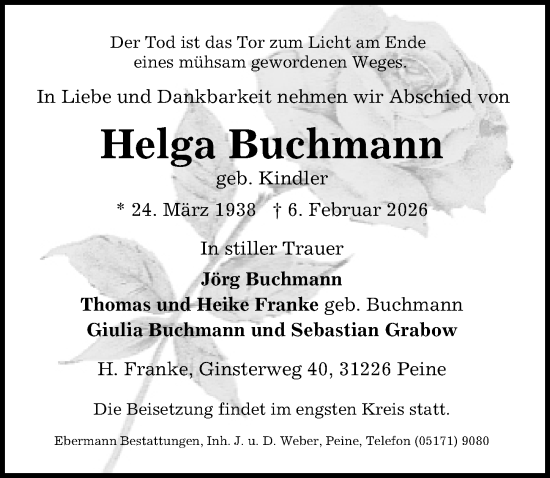 Traueranzeige von Helga Buchmann von Peiner Allgemeine Zeitung