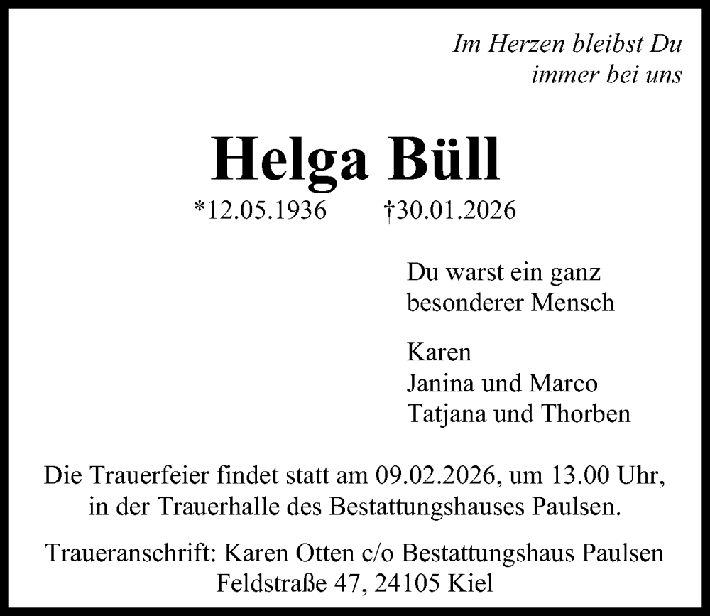  Traueranzeige für Helga Büll vom 07.02.2026 aus Kieler Nachrichten