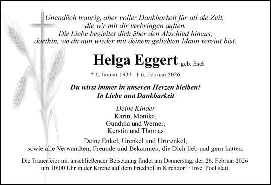 Traueranzeige von Helga Eggert von Ostsee-Zeitung GmbH