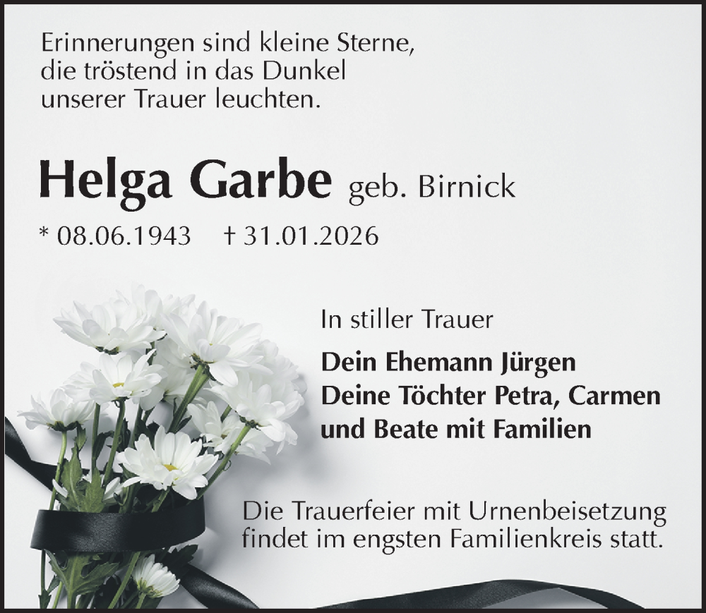  Traueranzeige für Helga Garbe vom 14.02.2026 aus Sächsische Zeitung