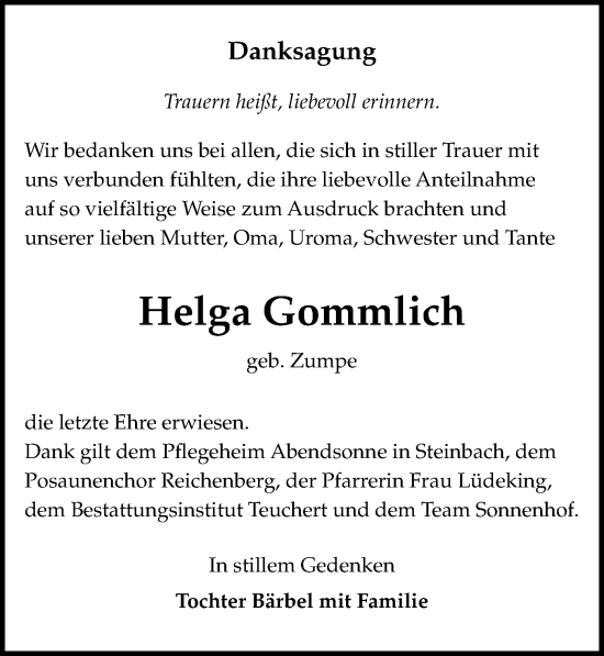 Traueranzeige von Helga Gommlich von Sächsische Zeitung