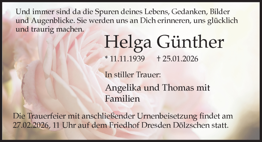  Traueranzeige für Helga Günther vom 21.02.2026 aus Sächsische Zeitung