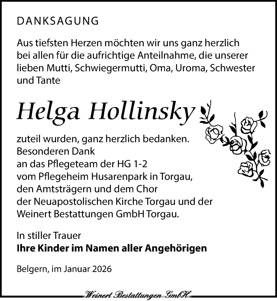  Traueranzeige für Helga Hollinsky vom 14.02.2026 aus Torgauer Zeitung