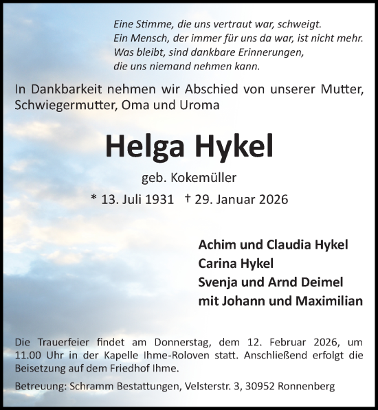 Traueranzeige von Helga Hykel von Hannoversche Allgemeine Zeitung/Neue Presse