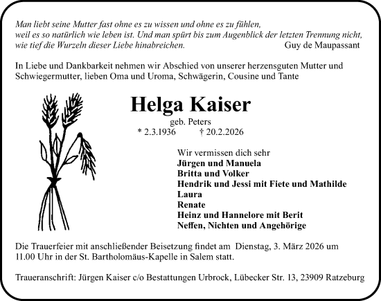 Traueranzeige von Helga Kaiser von Lübecker Nachrichten