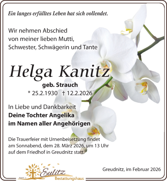 Traueranzeige von Helga Kanitz von Torgauer Zeitung