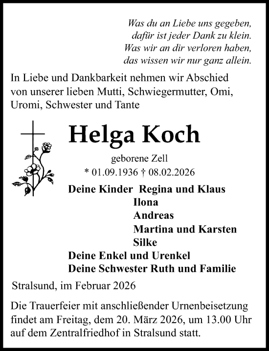 Traueranzeige von Helga Koch von Ostsee-Zeitung GmbH