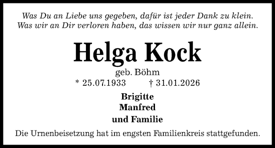 Traueranzeige von Helga Kock von Kieler Nachrichten