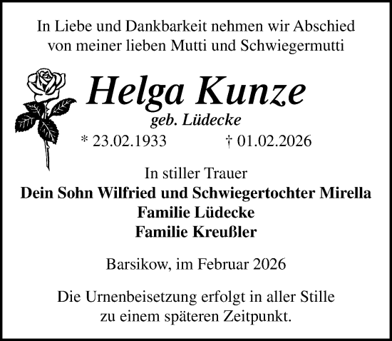 Traueranzeige von Helga Kunze von Wochenspiegel