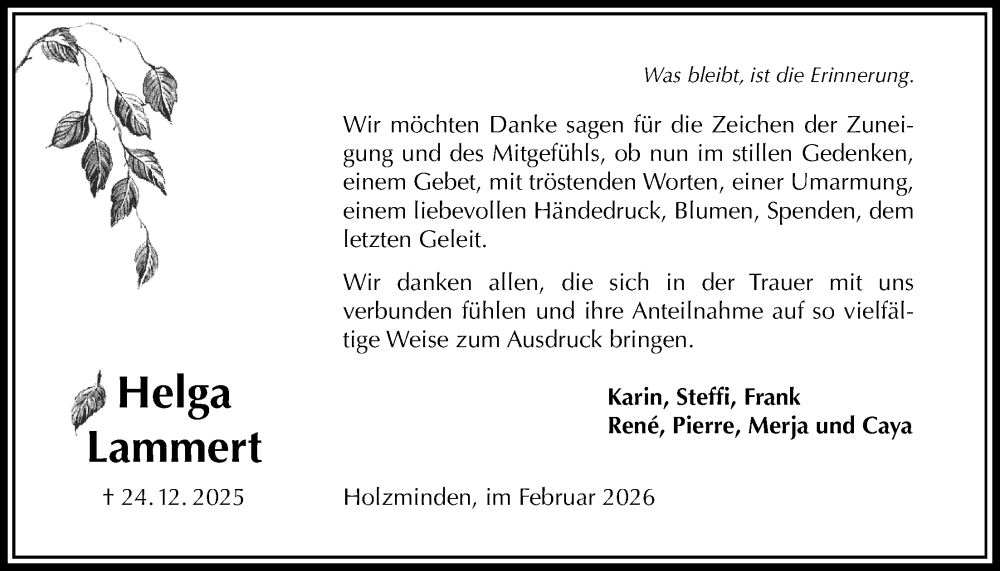  Traueranzeige für Helga Lammert vom 07.02.2026 aus Täglicher Anzeiger Holzminden
