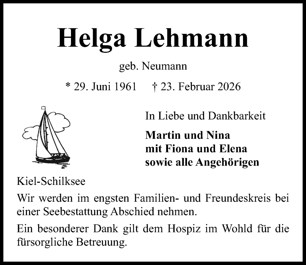  Traueranzeige für Helga Lehmann vom 28.02.2026 aus Kieler Nachrichten