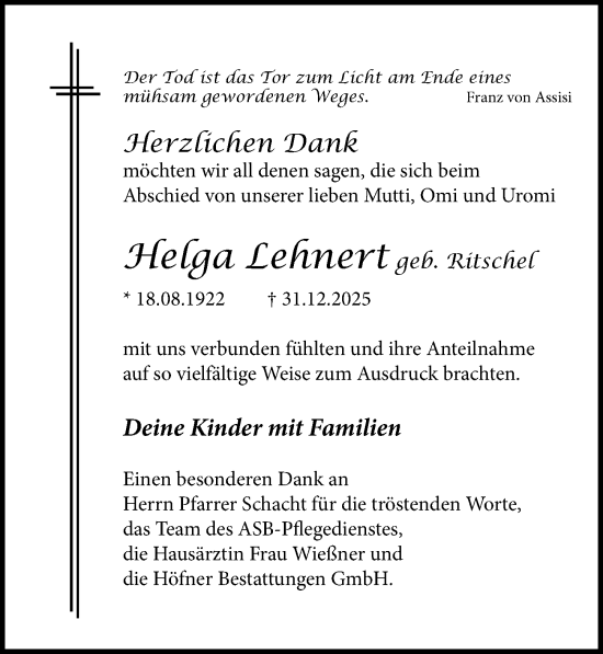 Traueranzeige von Helga Lehnert von Torgauer Zeitung