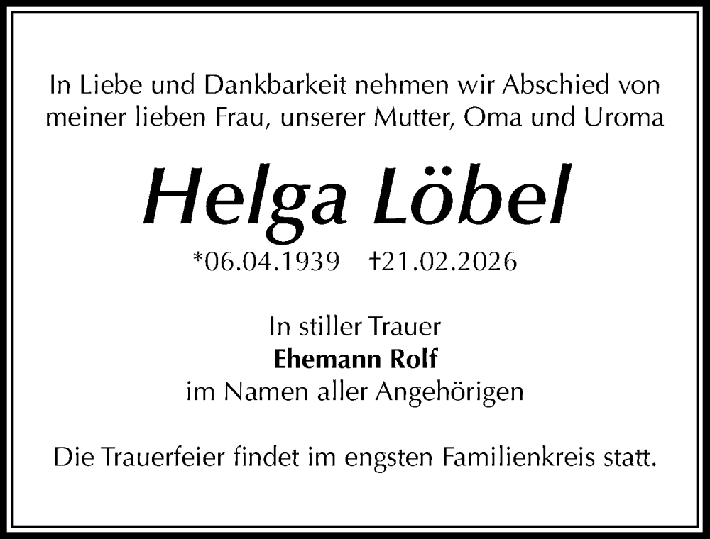  Traueranzeige für Helga Löbel vom 28.02.2026 aus Sächsische Zeitung