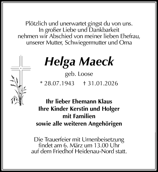 Traueranzeige von Helga Maeck von Sächsische Zeitung