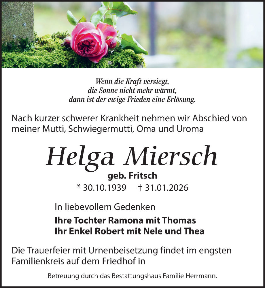  Traueranzeige für Helga Miersch vom 14.02.2026 aus Leipziger Volkszeitung