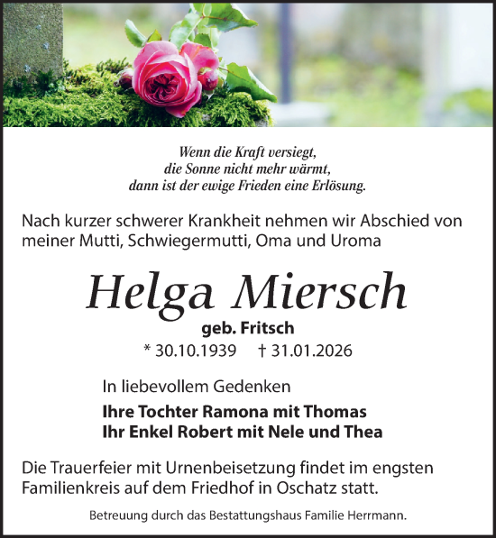 Traueranzeige von Helga Miersch von Leipziger Volkszeitung