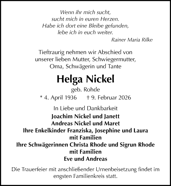 Traueranzeige von Helga Nickel von Wochenspiegel