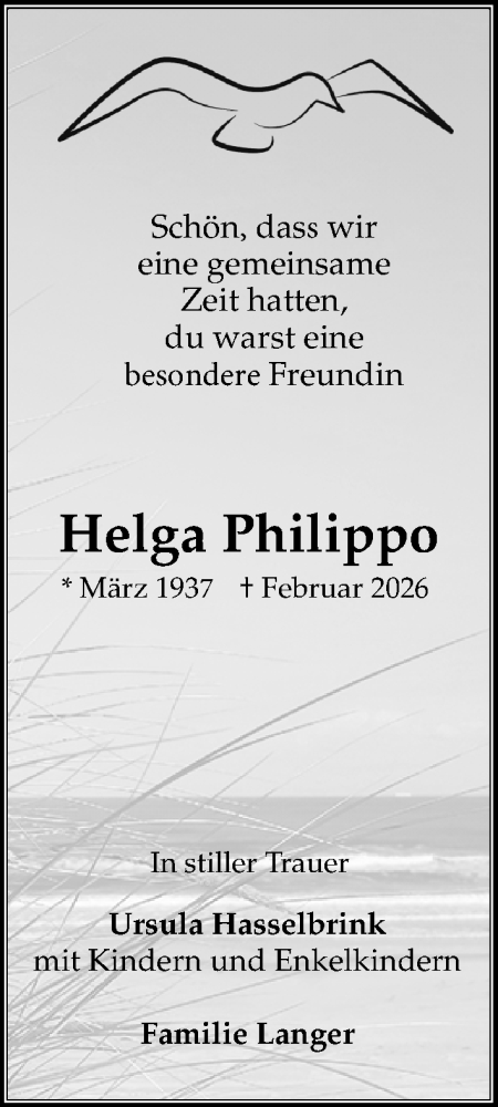  Traueranzeige für Helga Philippo vom 22.02.2026 aus Lübecker Nachrichten