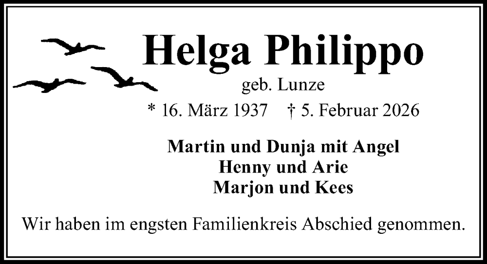  Traueranzeige für Helga Philippo vom 22.02.2026 aus Lübecker Nachrichten